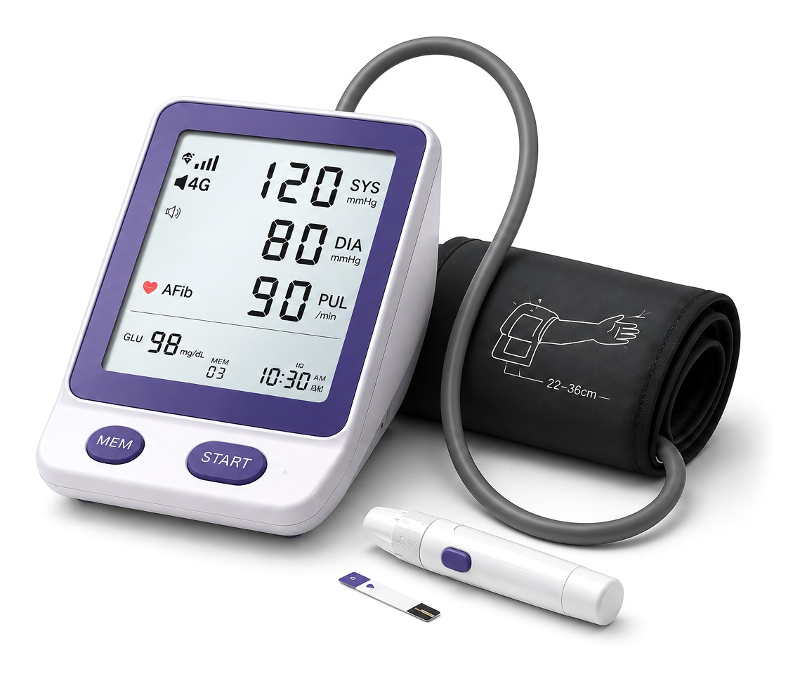 e-Vitals 2-in-1 blood pressure and glucose monitor with cuff and lancing device