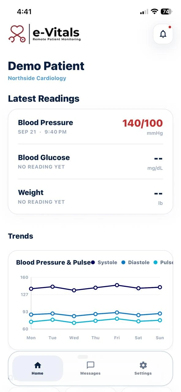e-Vitals Go patient reading screen